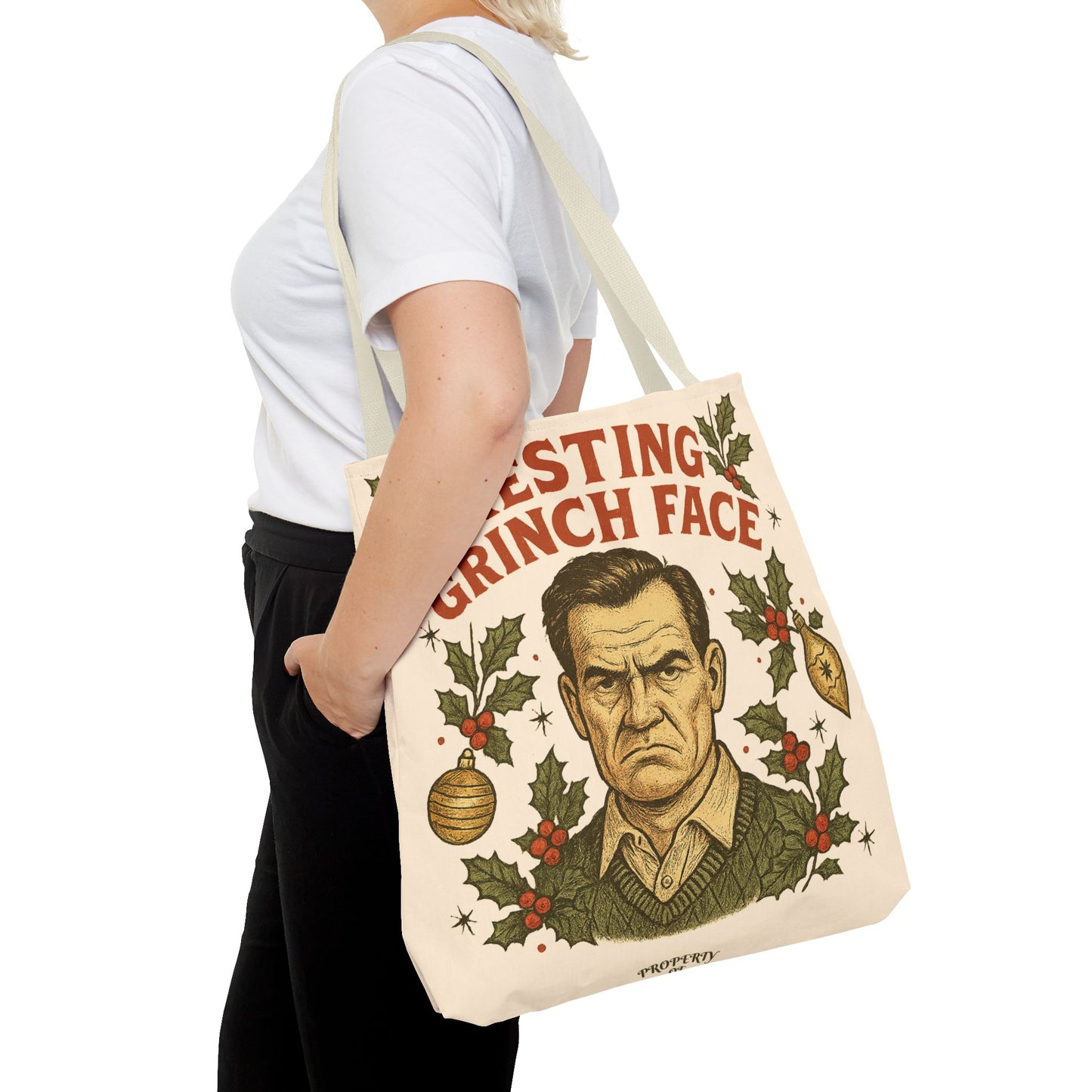 2 Sided Holiday Tote Bag - "Resting Grinch Face & Keep Calm and Shop On"