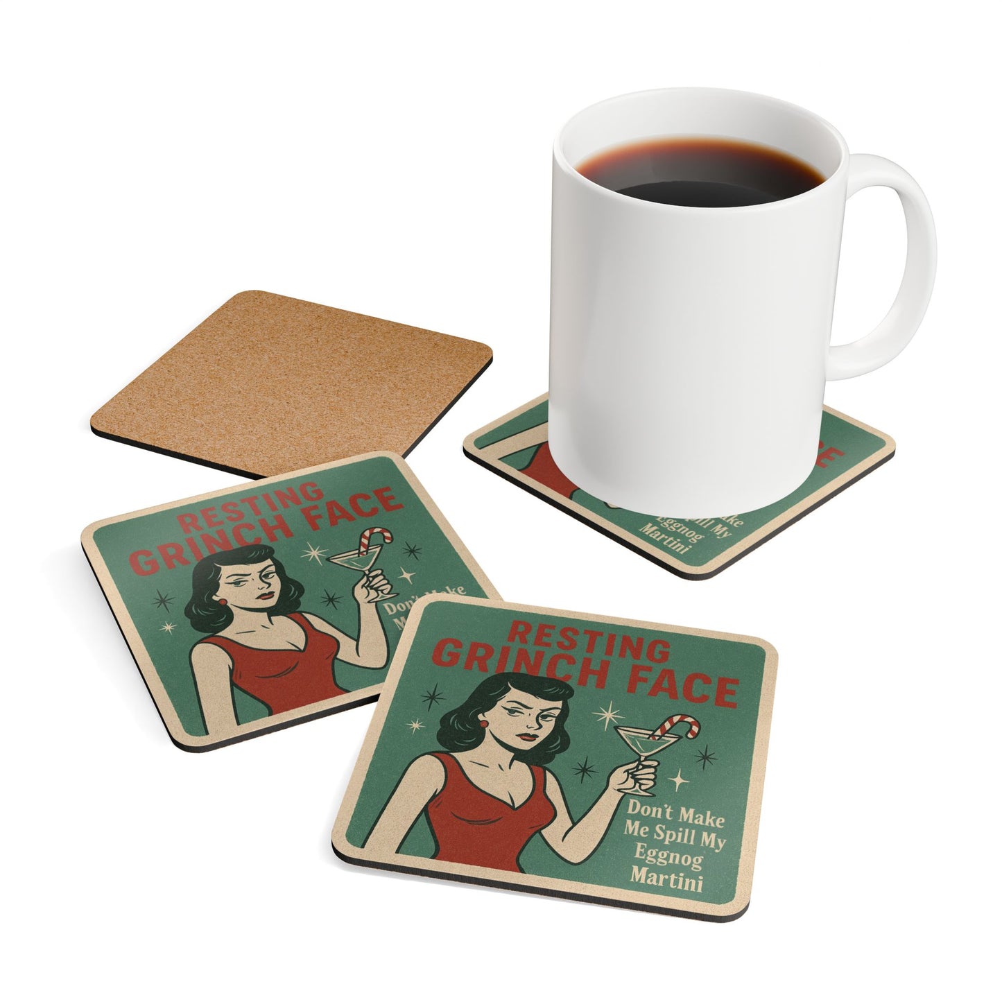 Holiday Corkwood Coaster 4 piece Set - Resting Grinch Face