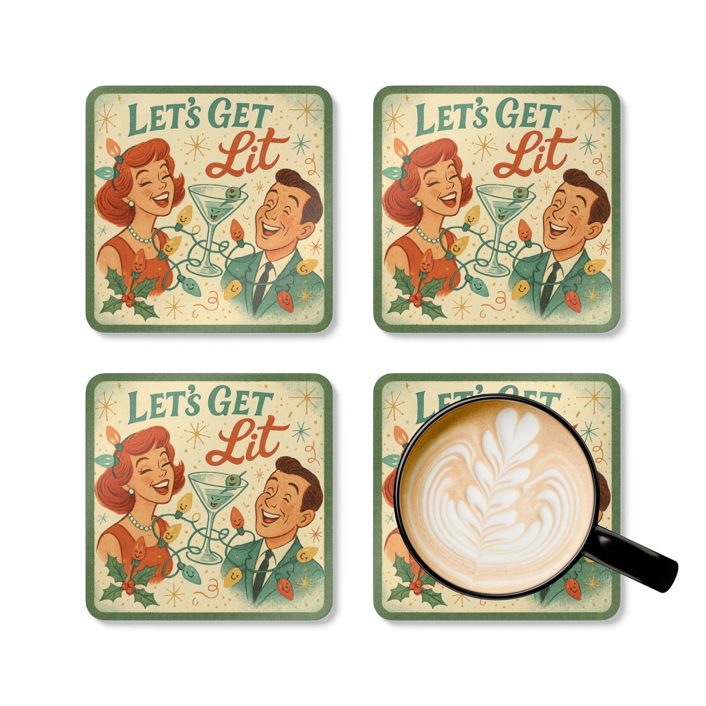 Let's Get Lit - 4 Piece Vintage Holiday Coaster Set