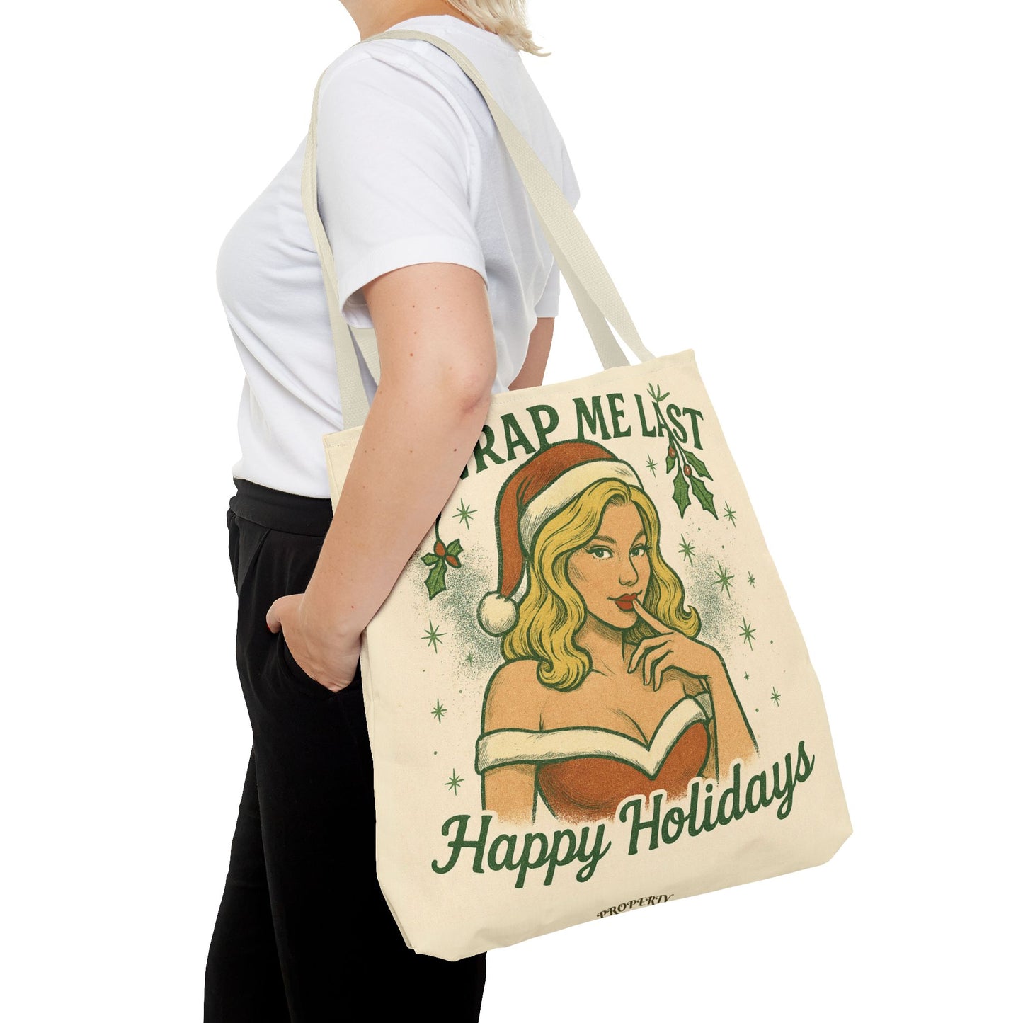 2 Sided Design Holiday Tote Bag - "I've Been Naughty" and "Unwrap Me Last - Happy Holidays"