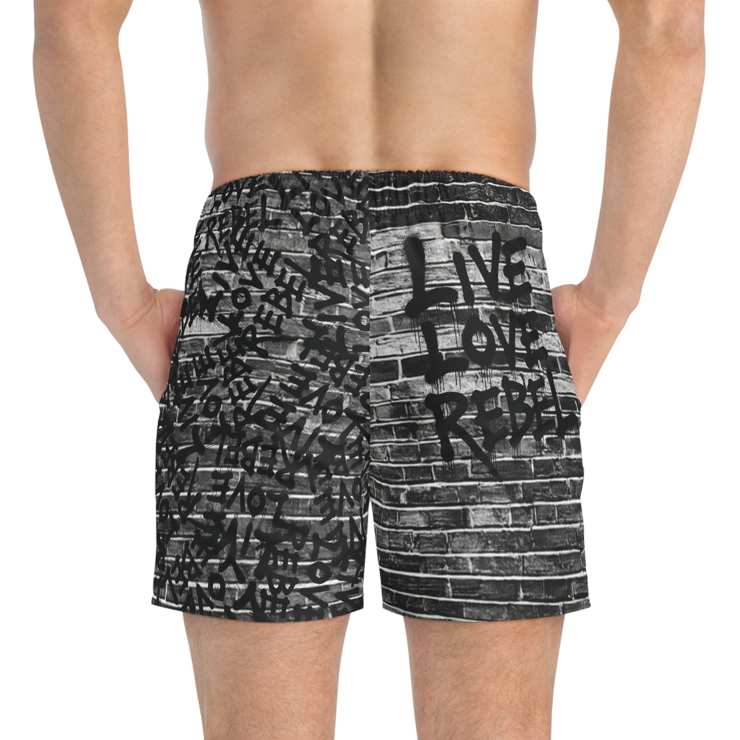 'Live Love Rebel' Brick Wall Swim Trunks - Stylish Board Shorts