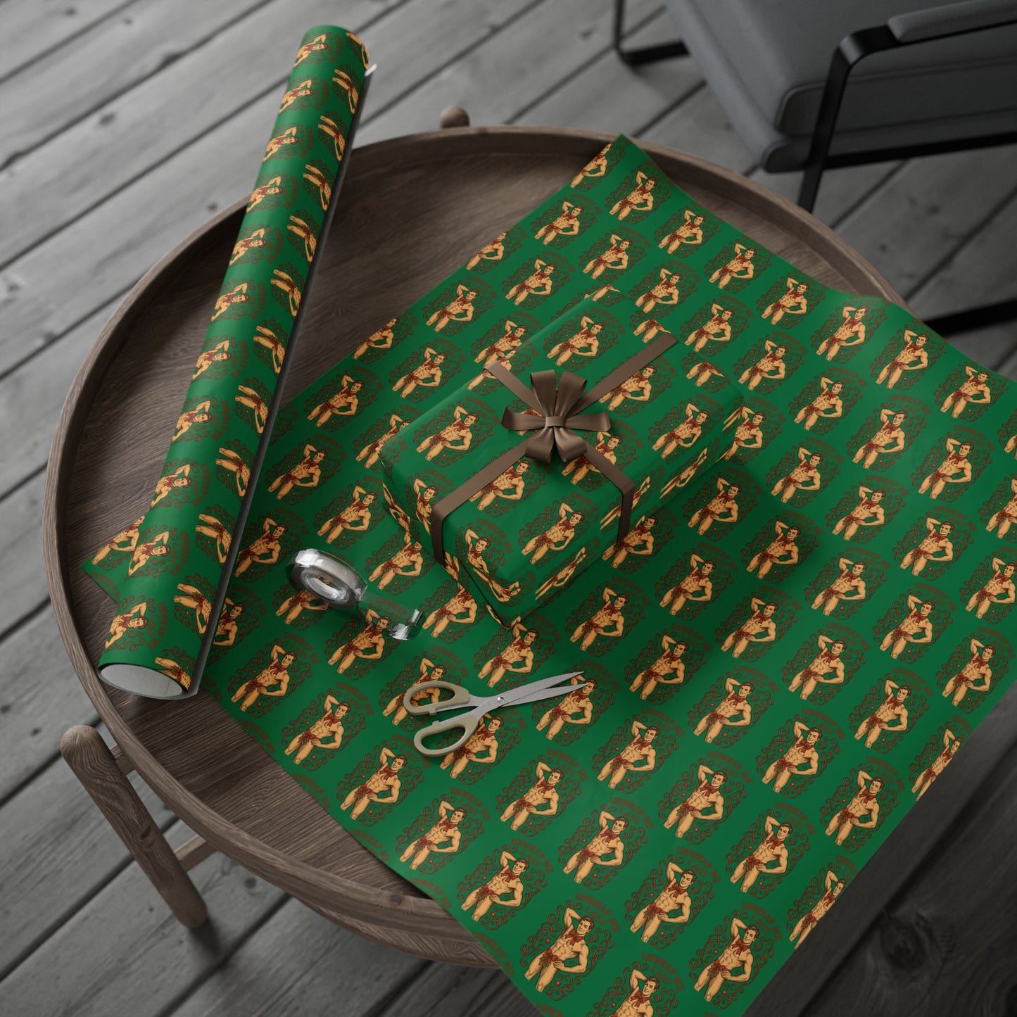 Stylish Vintage Holiday Male Pinup - "Unwrap Me First Design" - Dark Green Background