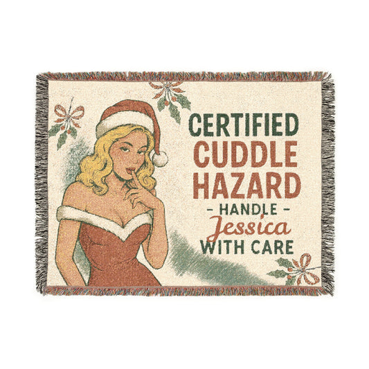 Personalized Name Holiday Woven Blanket - Certified Cuddle Hazard - Handle With Care