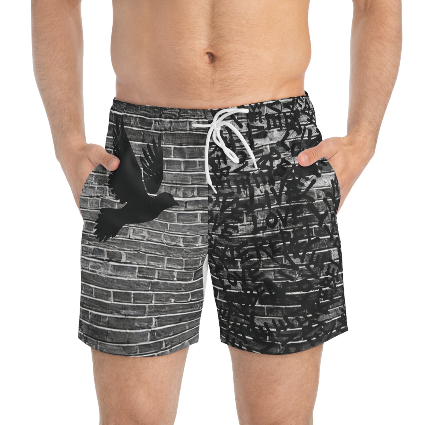 'Live Love Rebel' Brick Wall Swim Trunks - Stylish Board Shorts