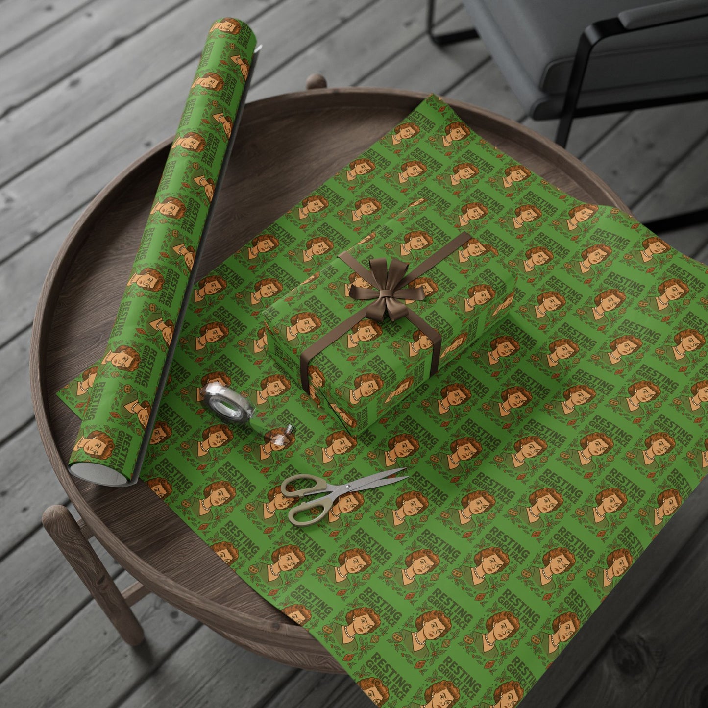Holiday Wrapping Paper - Resting Grinch Face Lady Design - Green Background