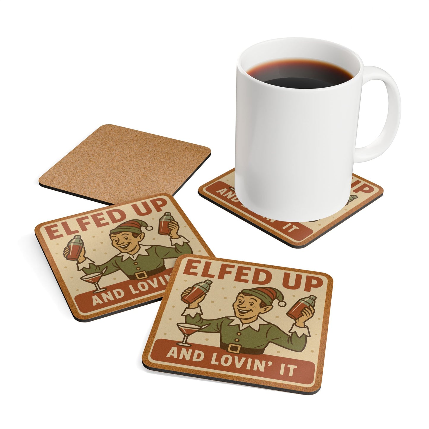 Festive Cork 4 Piece Coaster Set - 'Elfed Up & Lovin' It'