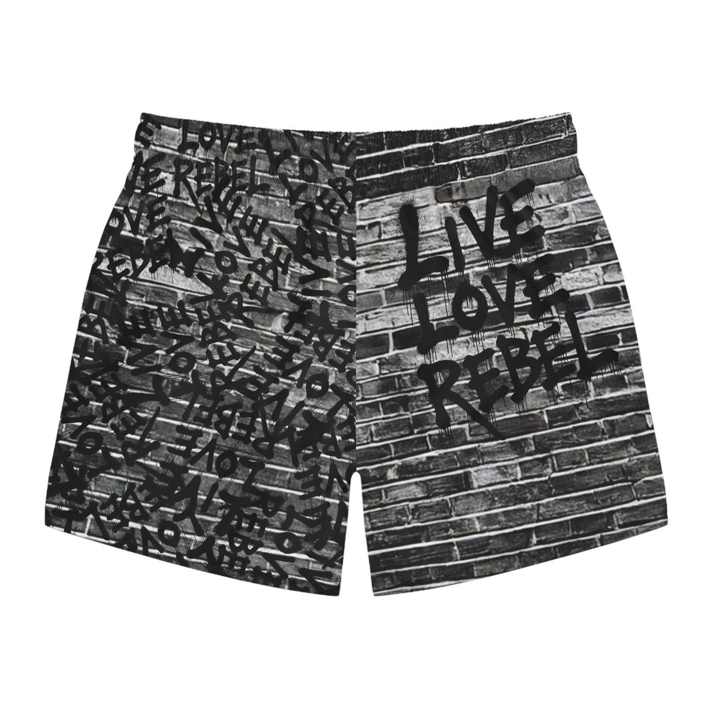 'Live Love Rebel' Brick Wall Swim Trunks - Stylish Board Shorts