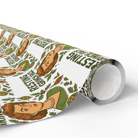 Christmas Wrapping Paper - Resting Grinch Face Lady Design - White Background
