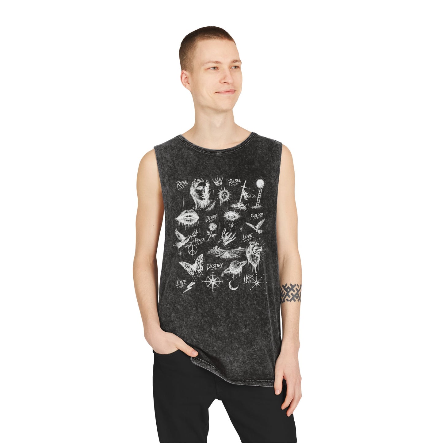 Royal Rebel® Ethereal Sketch Unisex Stonewash Tank - Edgy Unisex Hoodie for Creative Minds