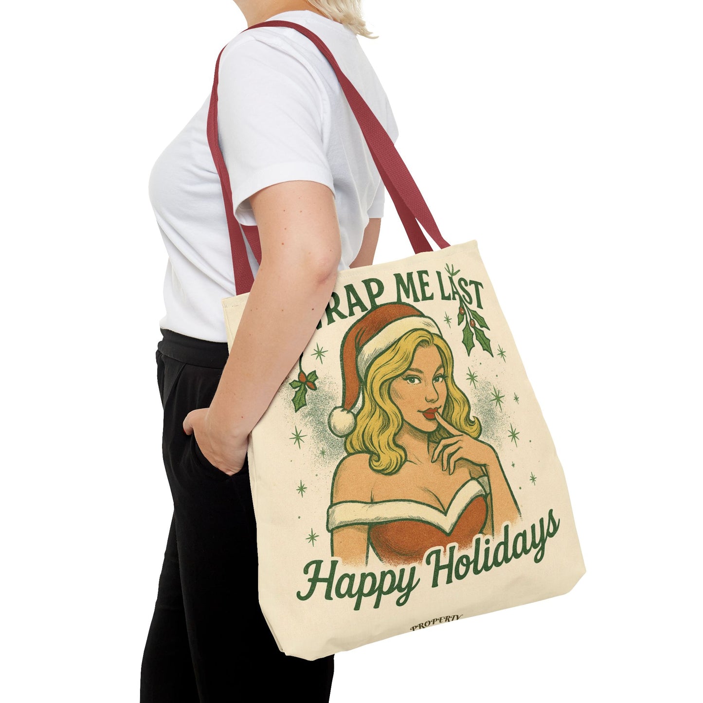 2 Sided Design Holiday Tote Bag - "I've Been Naughty" and "Unwrap Me Last - Happy Holidays"