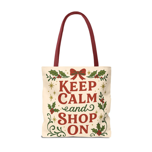 2 Sided Holiday Tote Bag - "Resting Grinch Face & Keep Calm and Shop On"