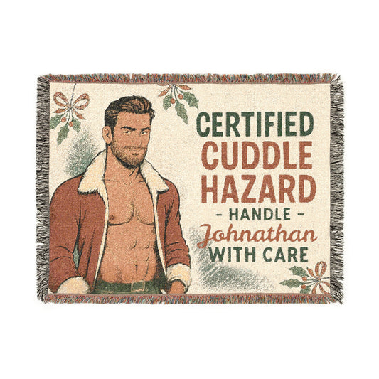Personalized Name Holiday Woven Blanket - Certified Cuddle Hazard - Handle With Care