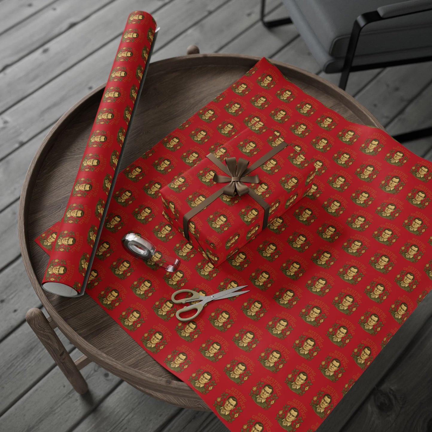 Christmas Wrapping Paper - Resting Grinch Face - Male Graphic with Red Background