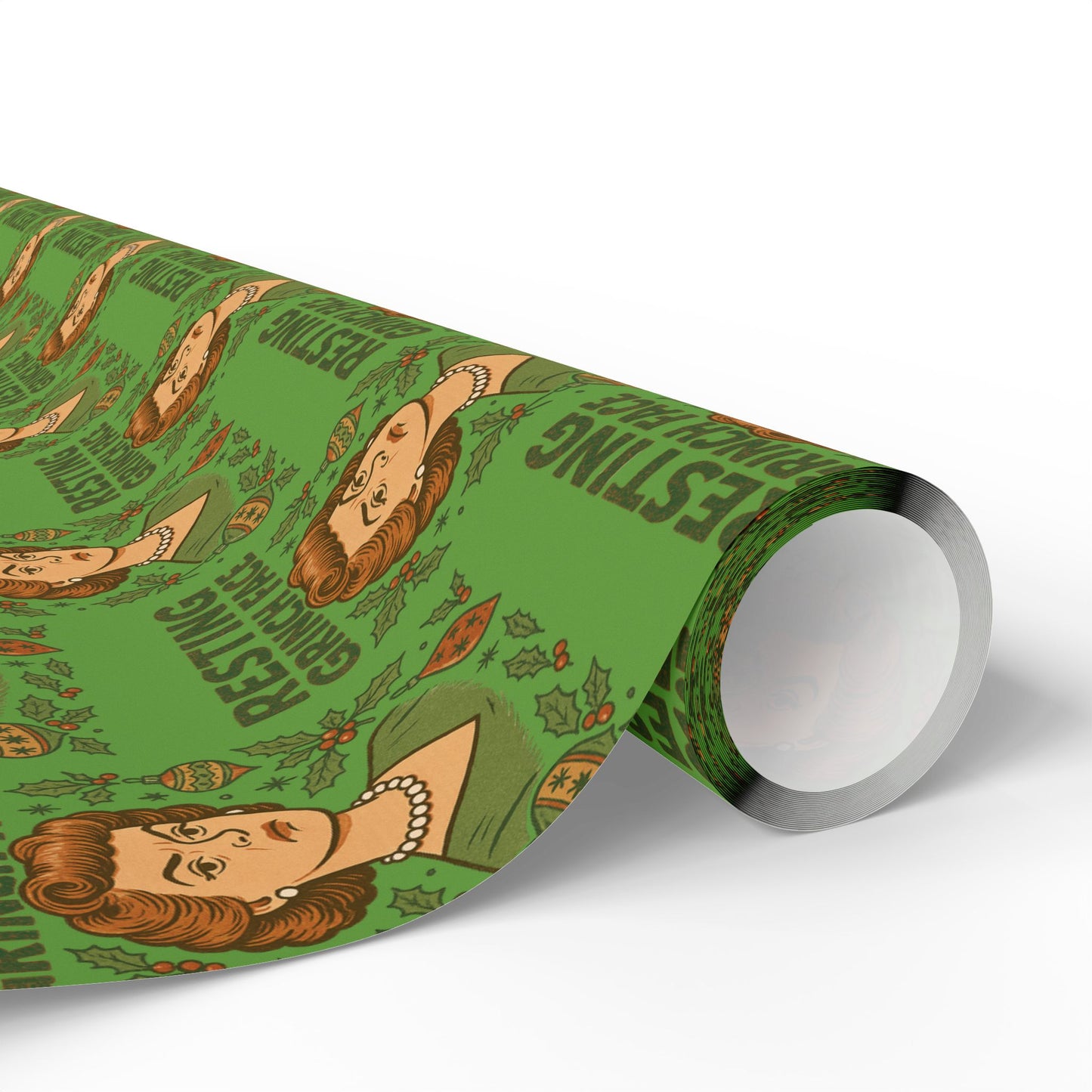 Holiday Wrapping Paper - Resting Grinch Face Lady Design - Green Background