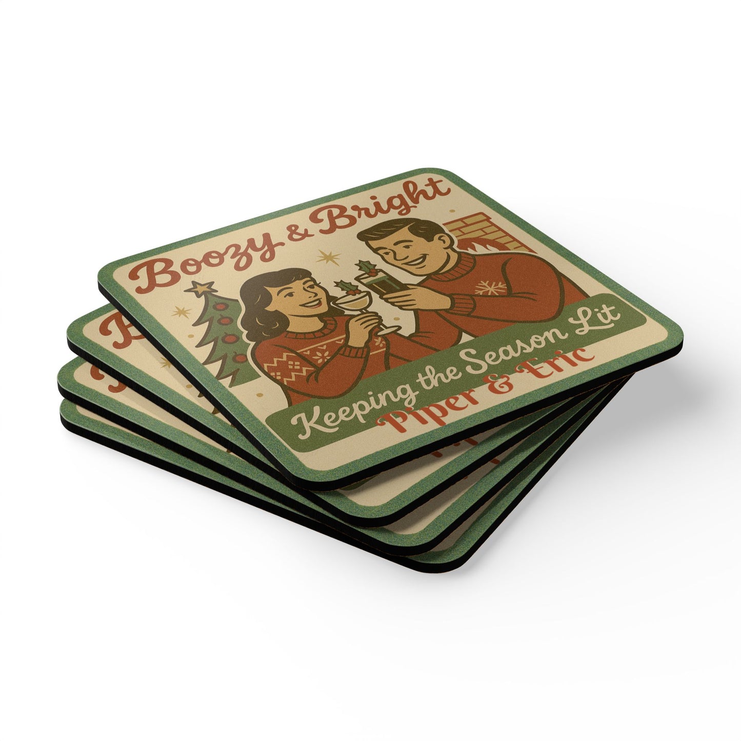Personalized Name - Boozy & Bright Holiday 4 Piece Coaster Set