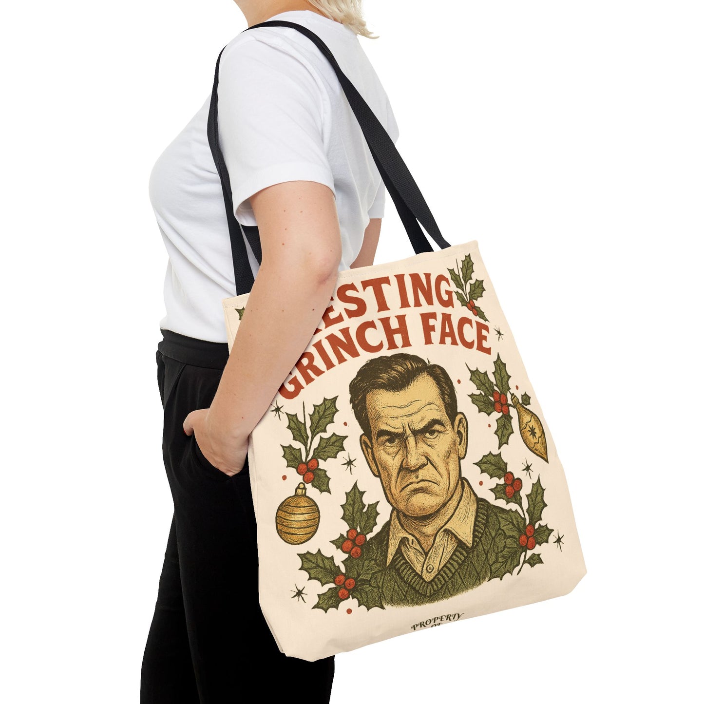 2 Sided Holiday Tote Bag - "Resting Grinch Face & Keep Calm and Shop On"