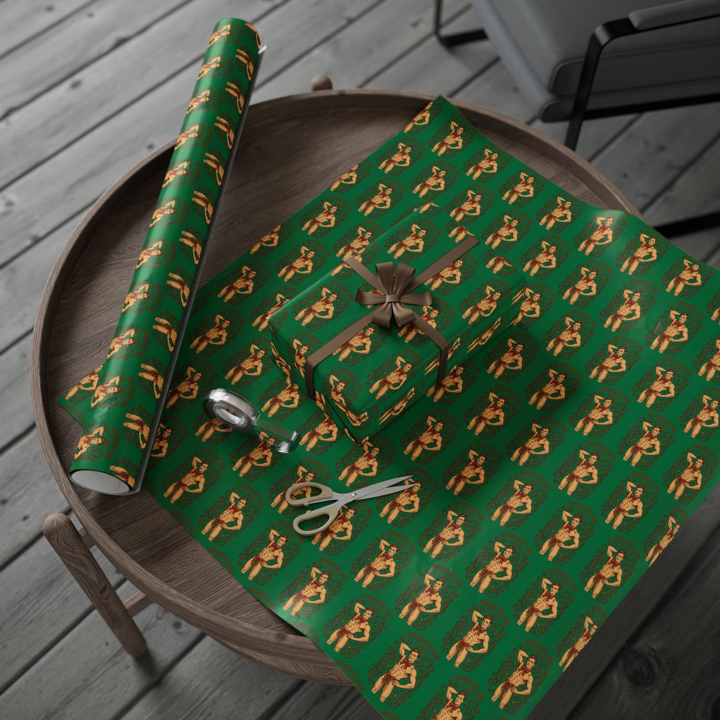 Stylish Vintage Holiday Male Pinup - "Unwrap Me First Design" - Dark Green Background