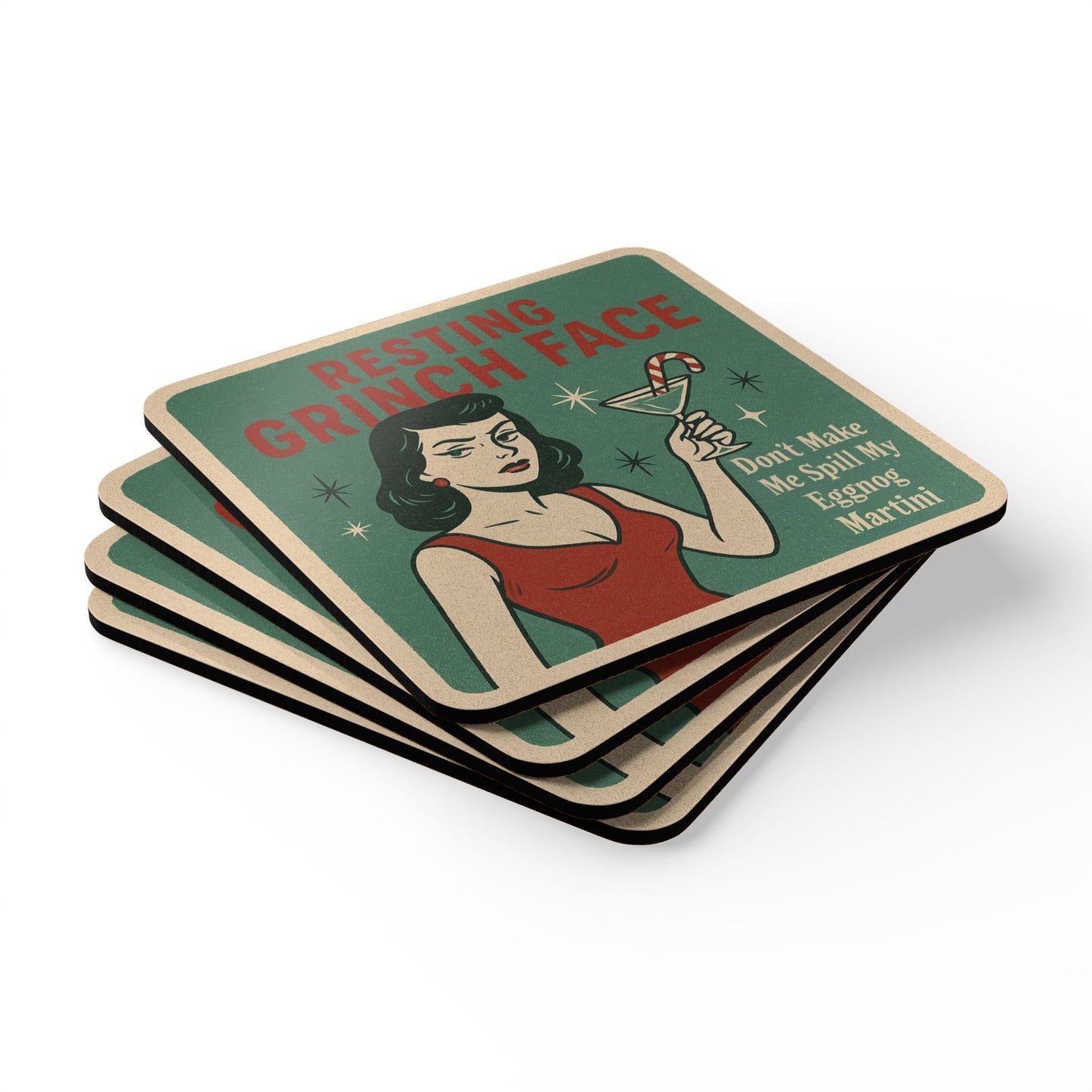 Holiday Corkwood Coaster 4 piece Set - Resting Grinch Face