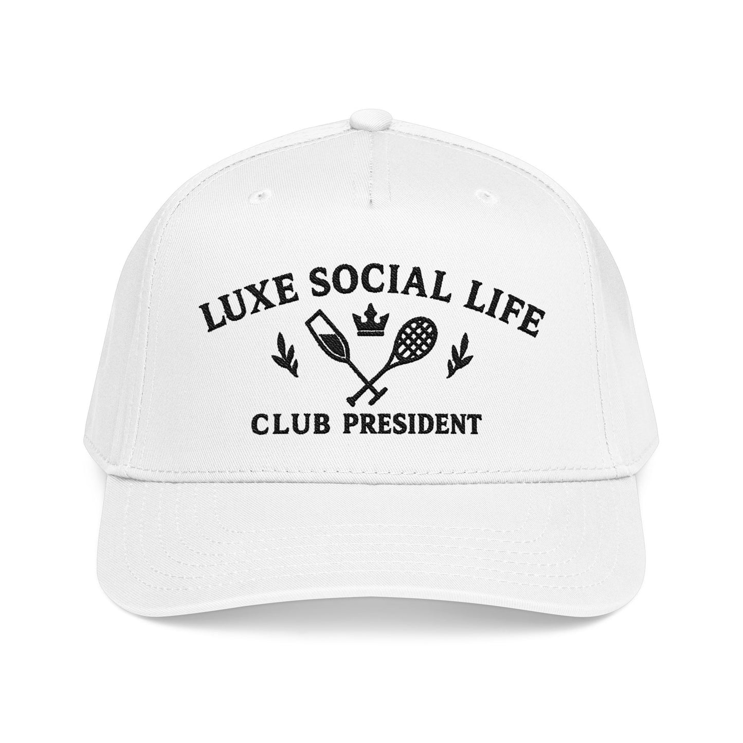 Luxe Social Life Club President Baseball Cap — Embroidered Preppy Tennis & Crown Design