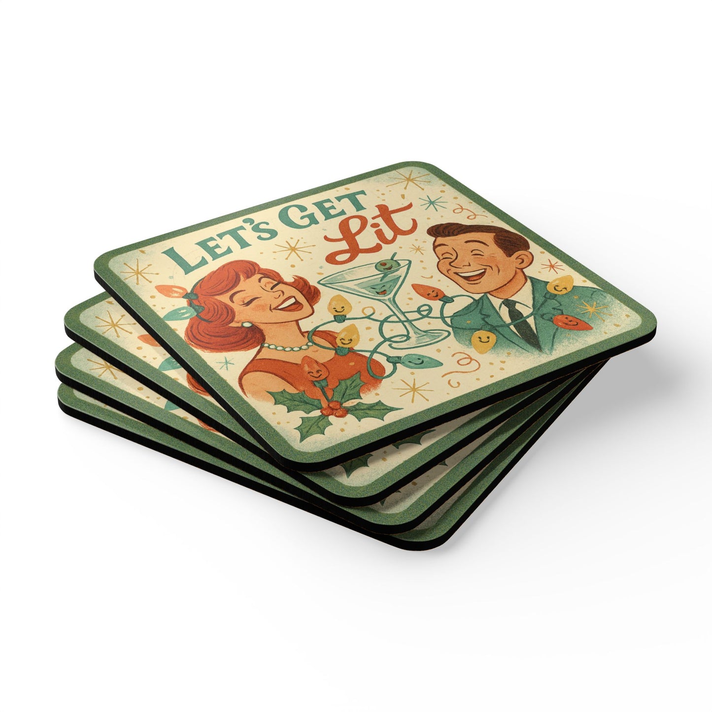 Let's Get Lit - 4 Piece Vintage Holiday Coaster Set