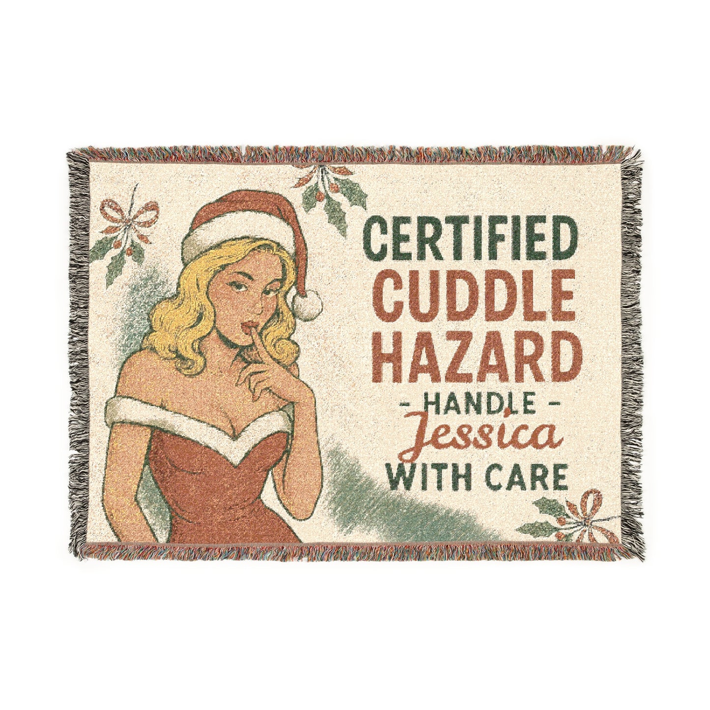 Personalized Name Holiday Woven Blanket - Certified Cuddle Hazard - Handle With Care