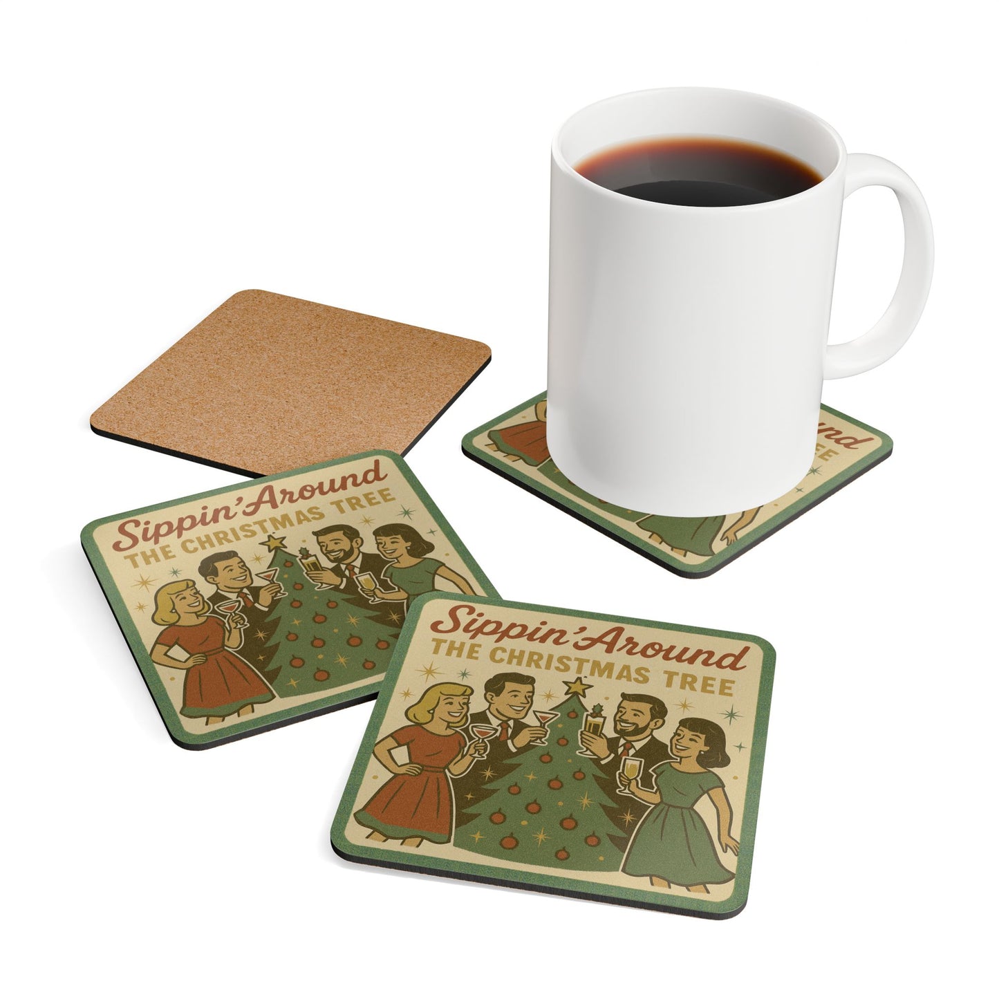 Vintage Christmas Coaster Set - Sippin' Around the Christmas Tree