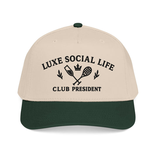 Luxe Social Life Club President Baseball Cap — Embroidered Preppy Tennis & Crown Design