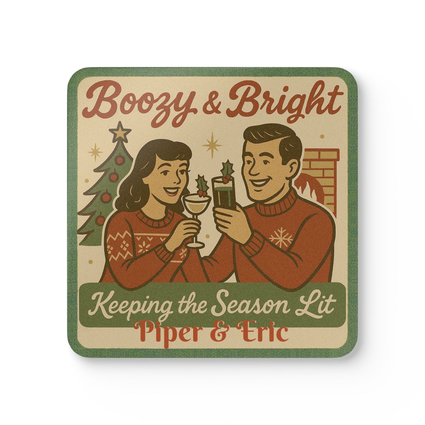 Personalized Name - Boozy & Bright Holiday 4 Piece Coaster Set