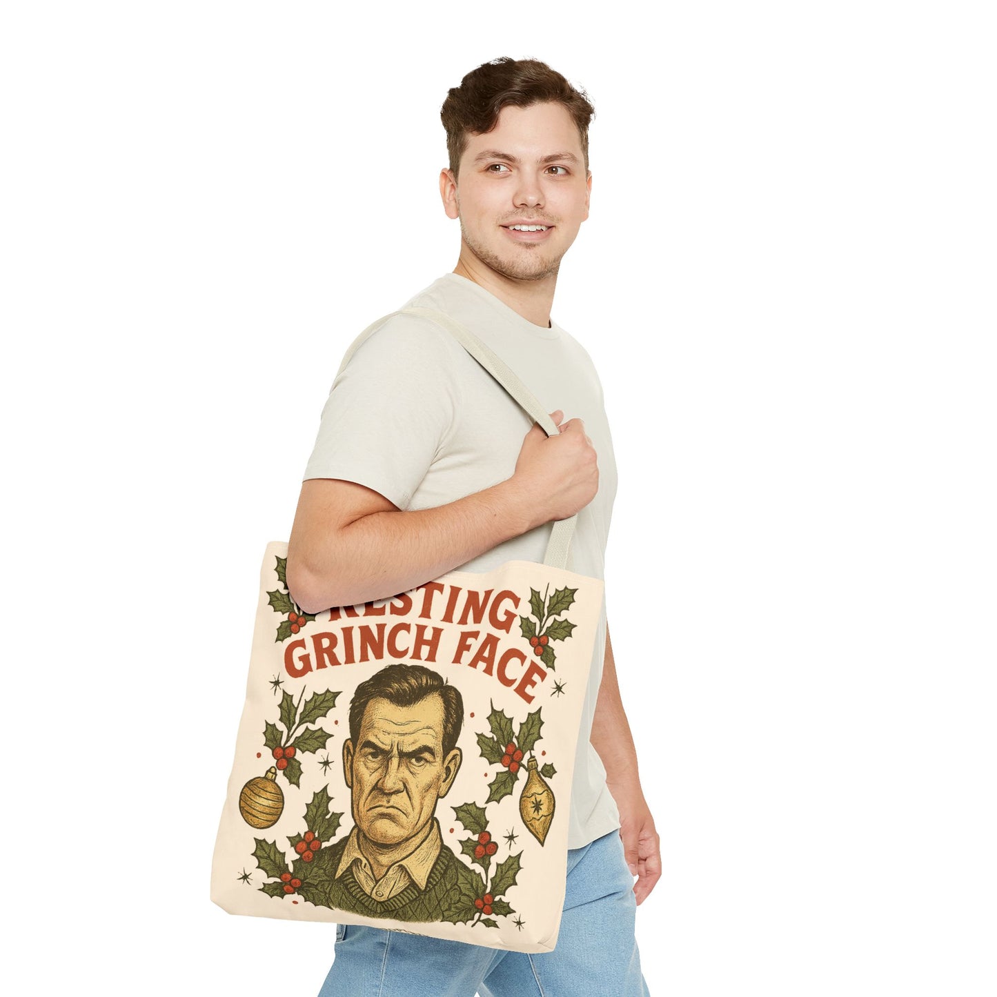 2 Sided Holiday Tote Bag - "Resting Grinch Face & Keep Calm and Shop On"