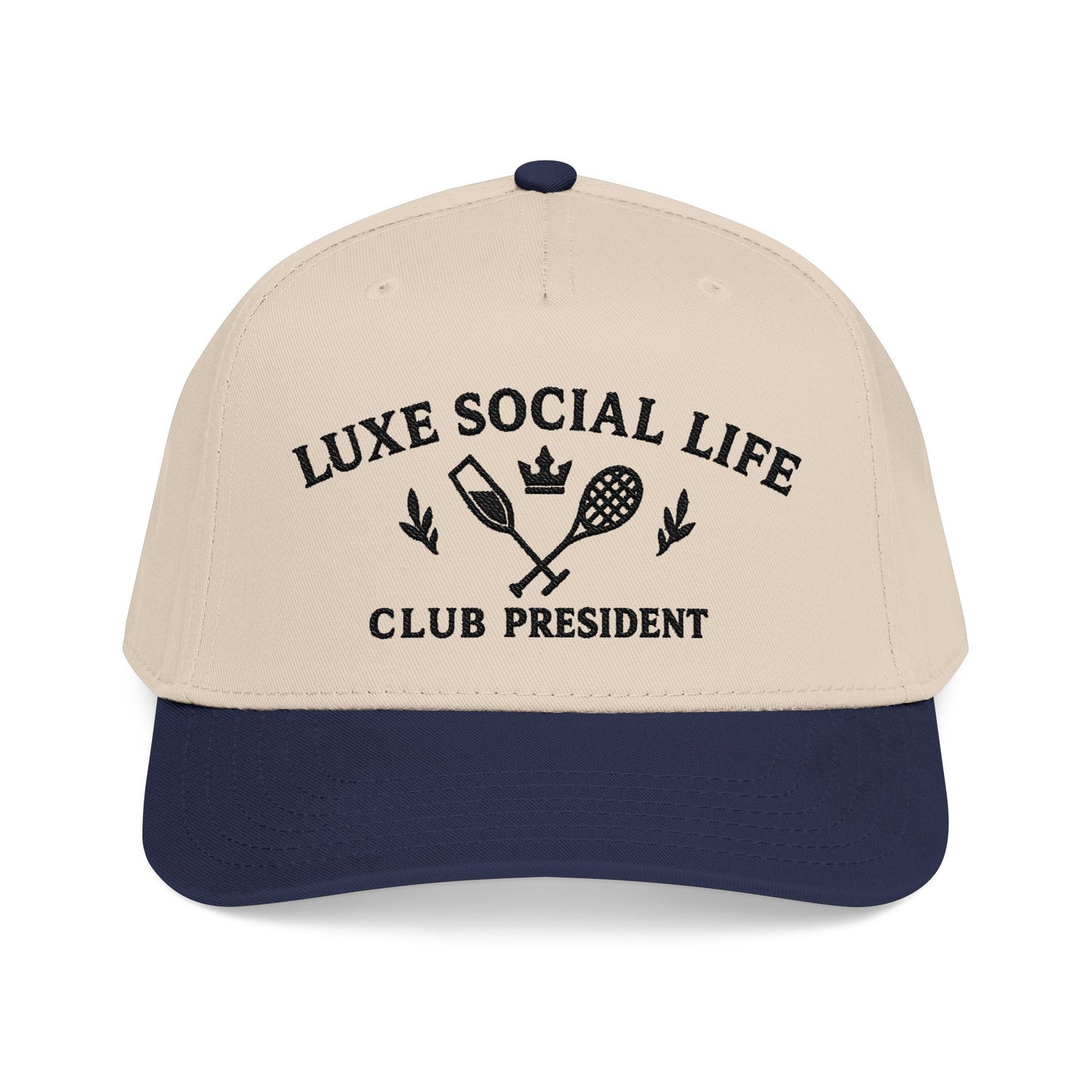 Luxe Social Life Club President Baseball Cap — Embroidered Preppy Tennis & Crown Design