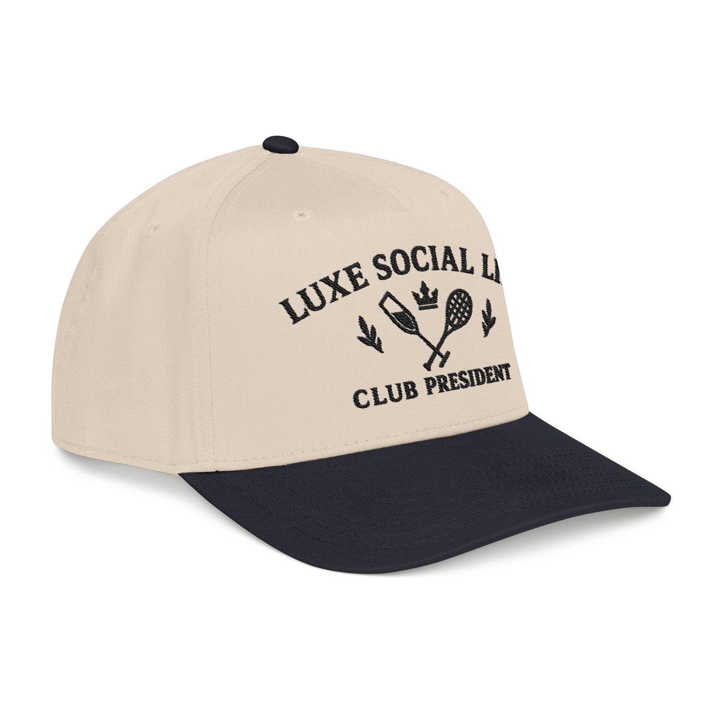 Luxe Social Life Club President Baseball Cap — Embroidered Preppy Tennis & Crown Design