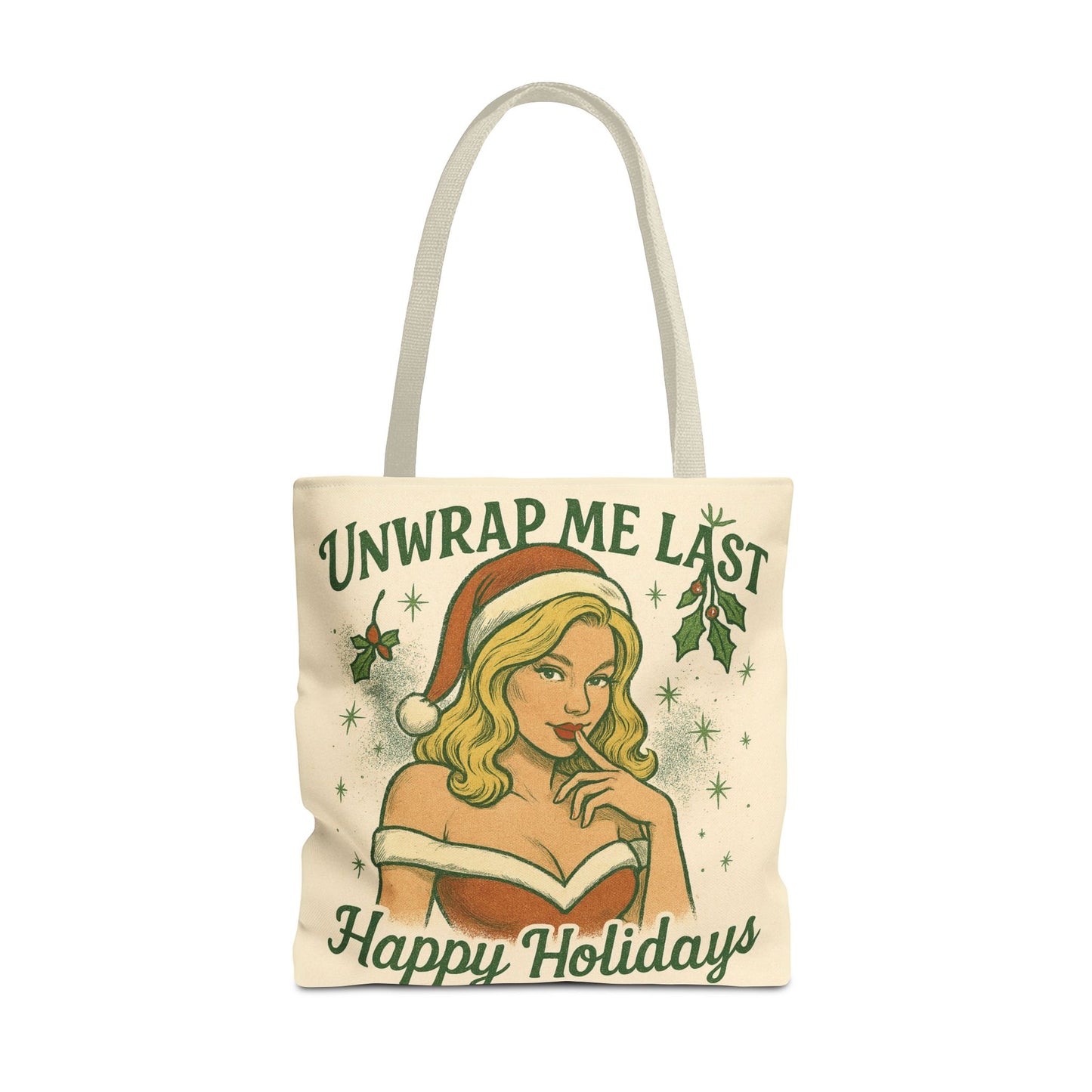 2 Sided Design Holiday Tote Bag - "I've Been Naughty" and "Unwrap Me Last - Happy Holidays"