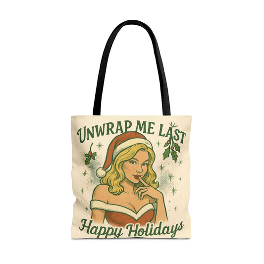2 Sided Design Holiday Tote Bag - "I've Been Naughty" and "Unwrap Me Last - Happy Holidays"