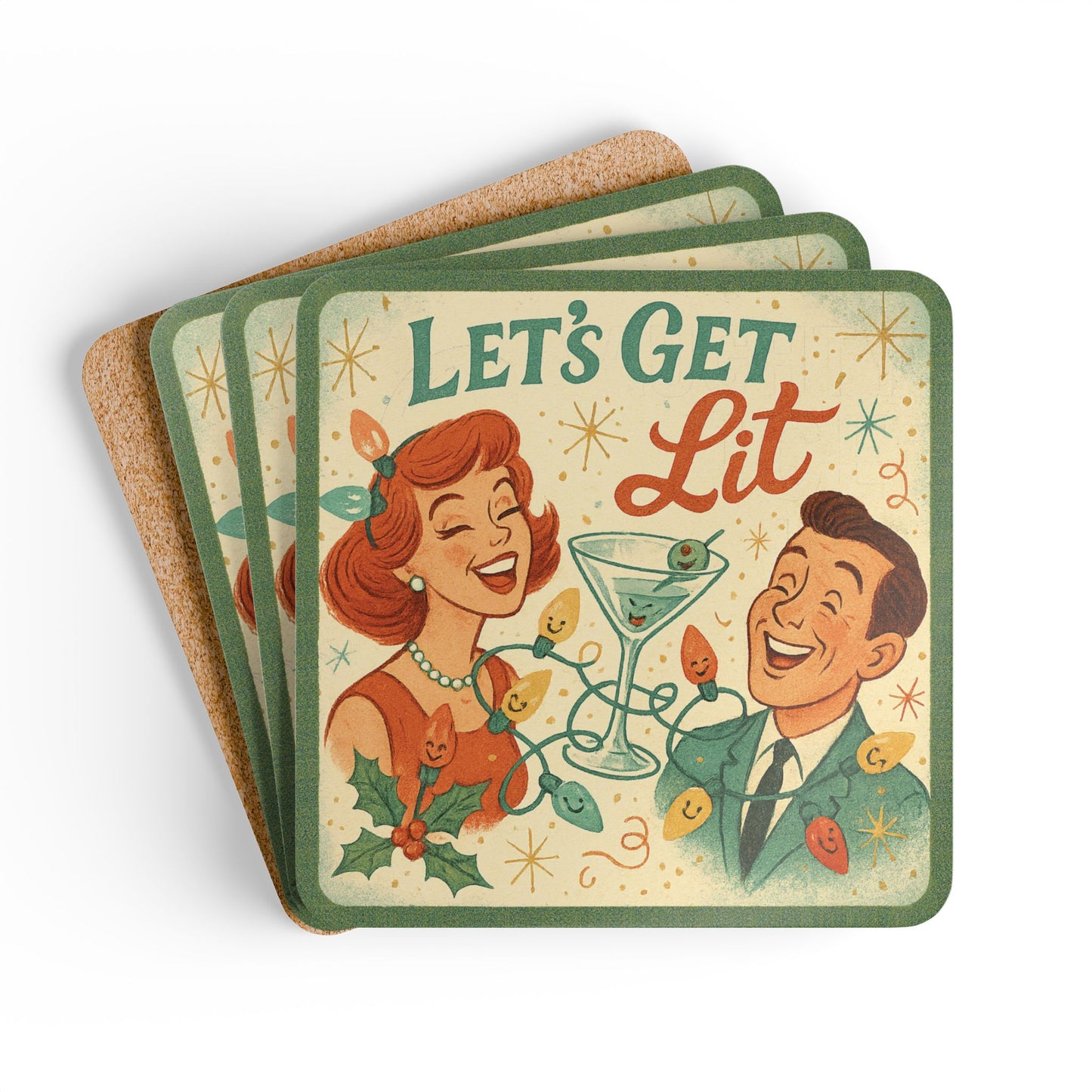 Let's Get Lit - 4 Piece Vintage Holiday Coaster Set