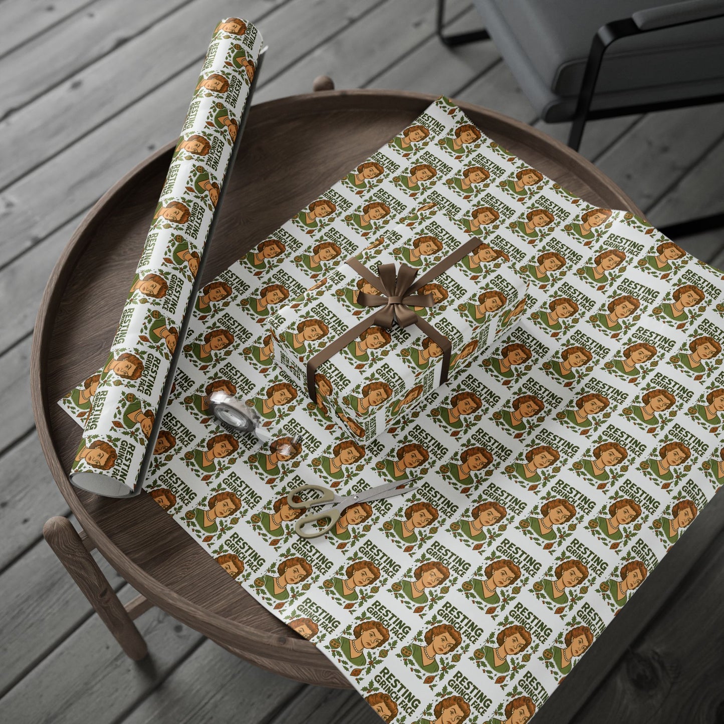 Christmas Wrapping Paper - Resting Grinch Face Lady Design - White Background