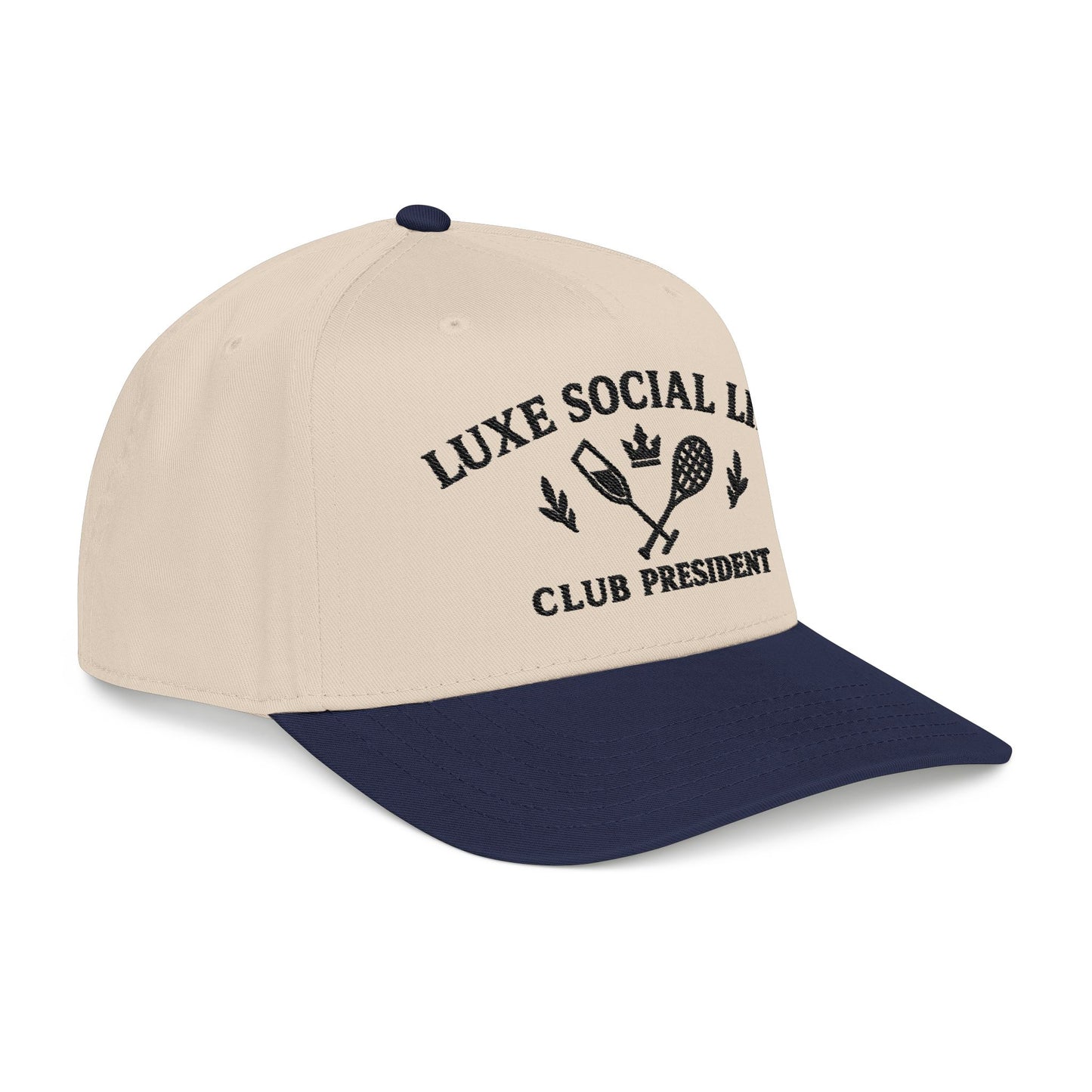 Luxe Social Life Club President Baseball Cap — Embroidered Preppy Tennis & Crown Design