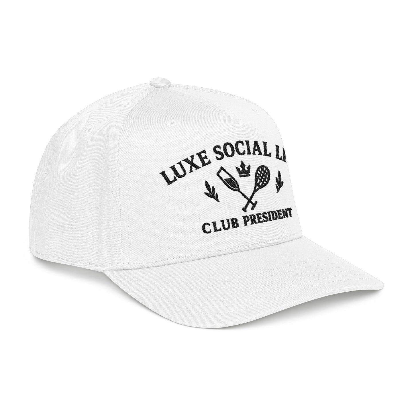 Luxe Social Life Club President Baseball Cap — Embroidered Preppy Tennis & Crown Design