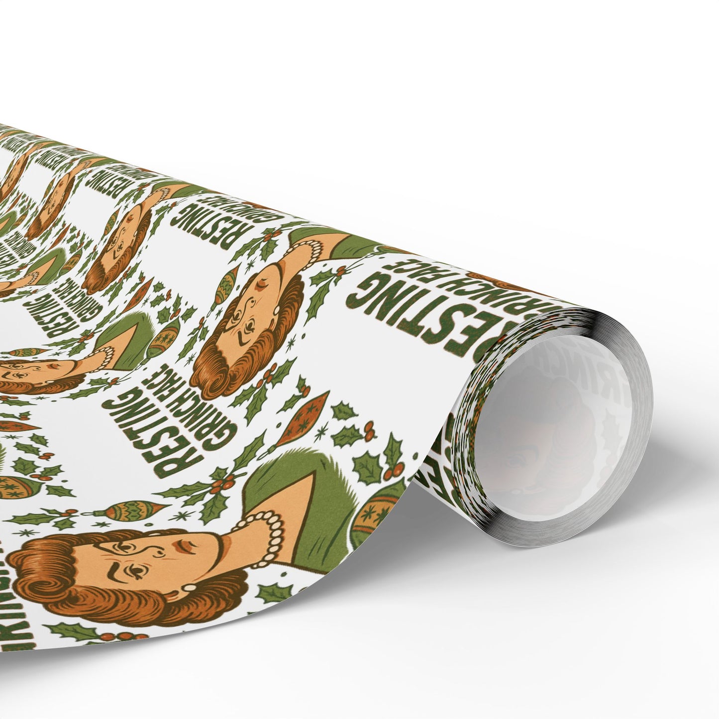 Christmas Wrapping Paper - Resting Grinch Face Lady Design - White Background