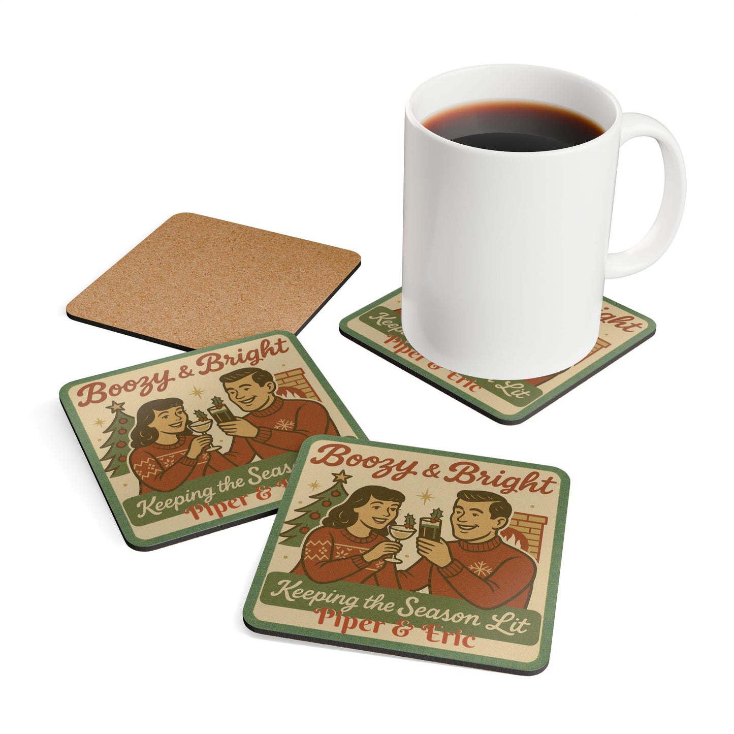 Personalized Name - Boozy & Bright Holiday 4 Piece Coaster Set
