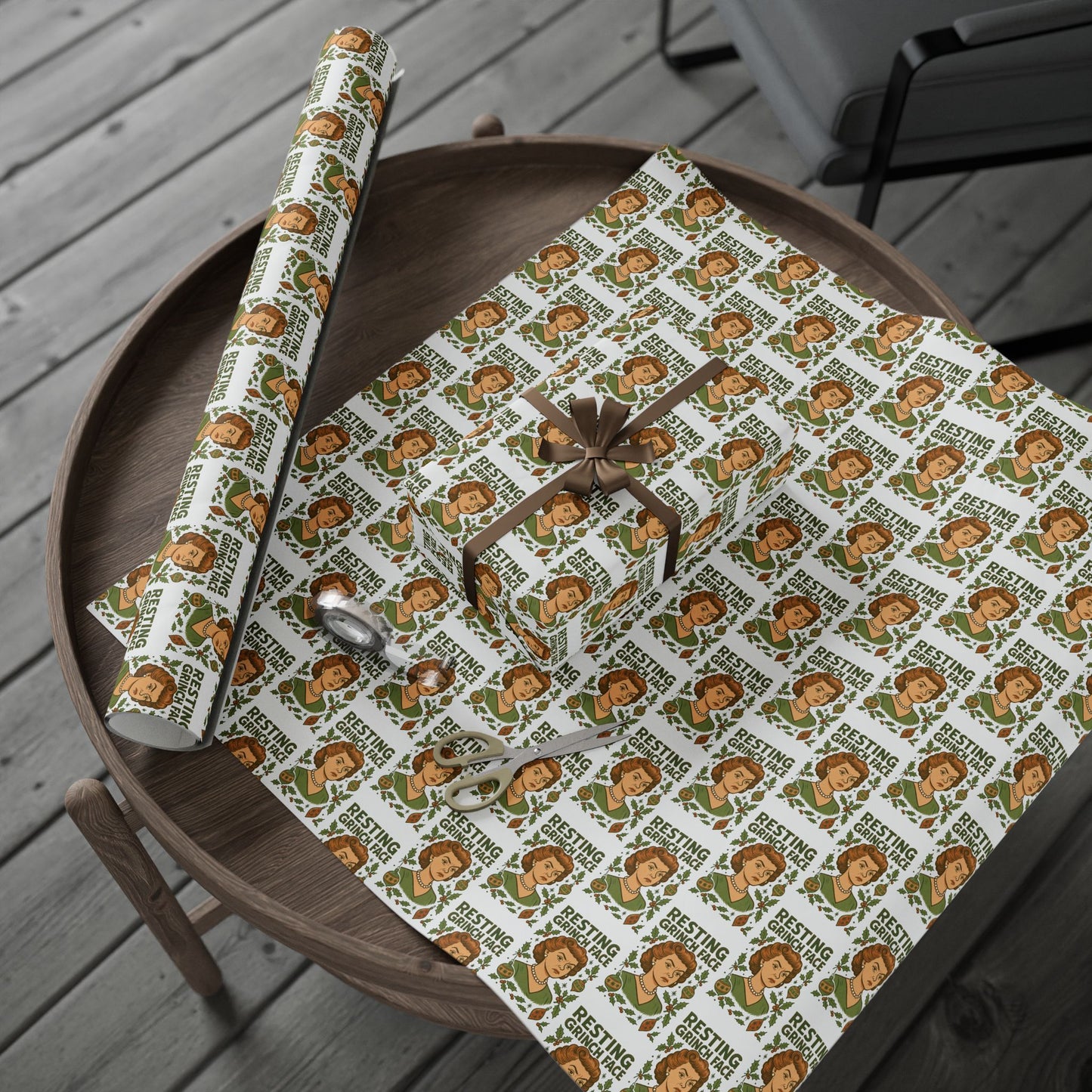 Christmas Wrapping Paper - Resting Grinch Face Lady Design - White Background