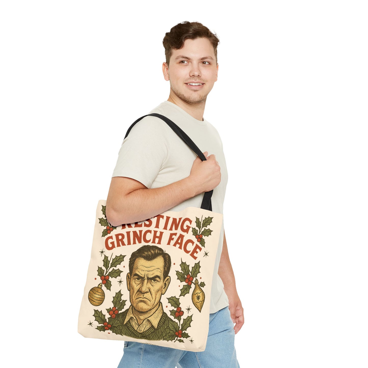 2 Sided Holiday Tote Bag - "Resting Grinch Face & Keep Calm and Shop On"