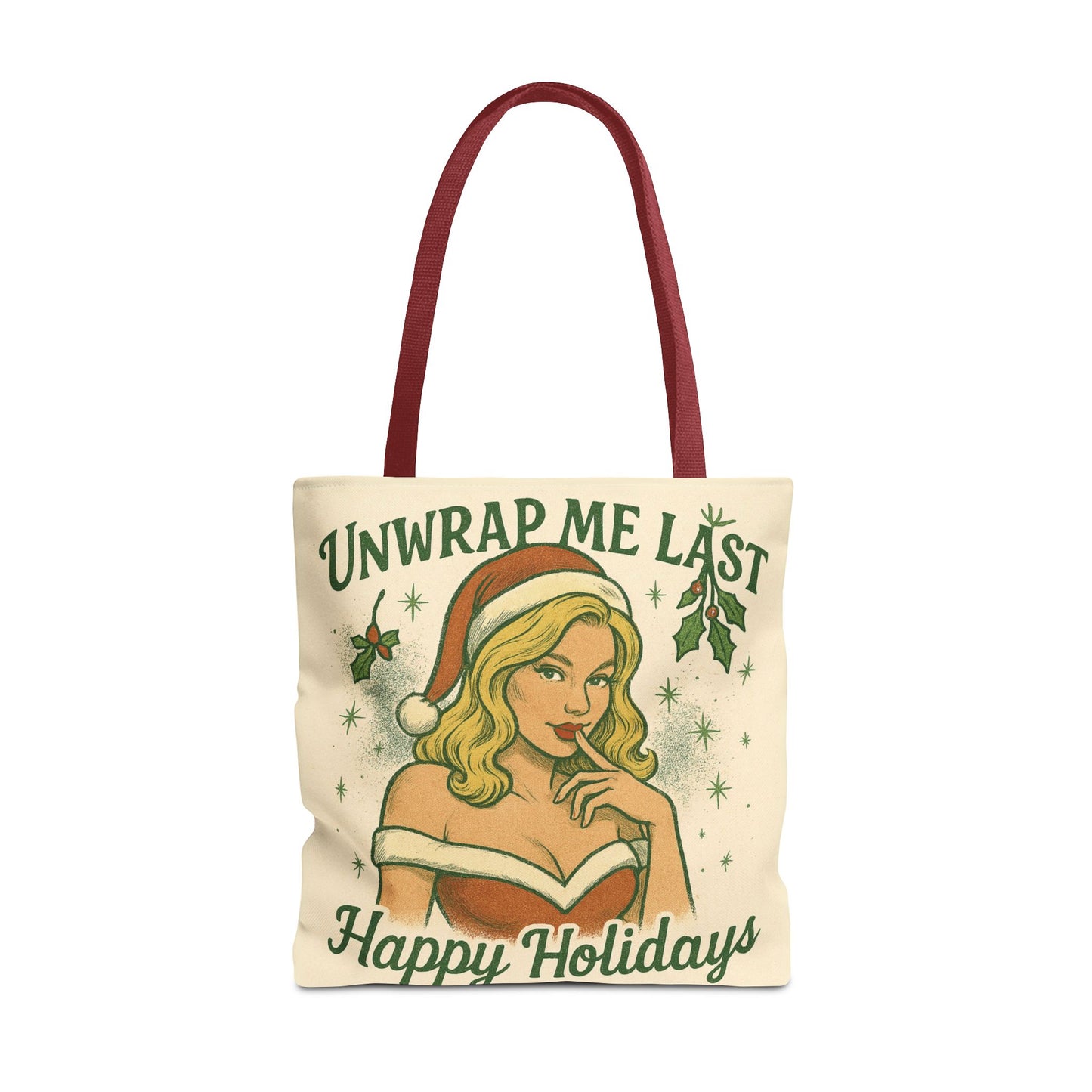 2 Sided Design Holiday Tote Bag - "I've Been Naughty" and "Unwrap Me Last - Happy Holidays"