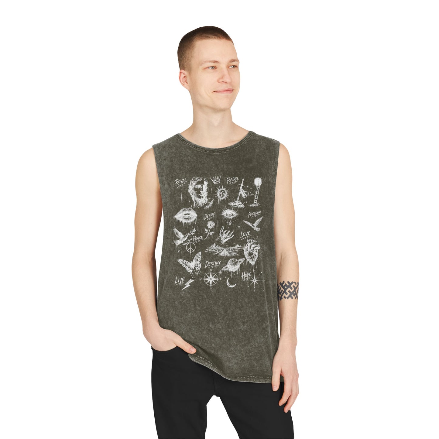 Royal Rebel® Ethereal Sketch Unisex Stonewash Tank - Edgy Unisex Hoodie for Creative Minds
