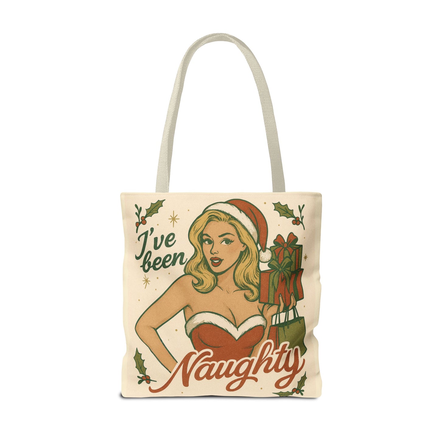 2 Sided Design Holiday Tote Bag - "I've Been Naughty" and "Unwrap Me Last - Happy Holidays"