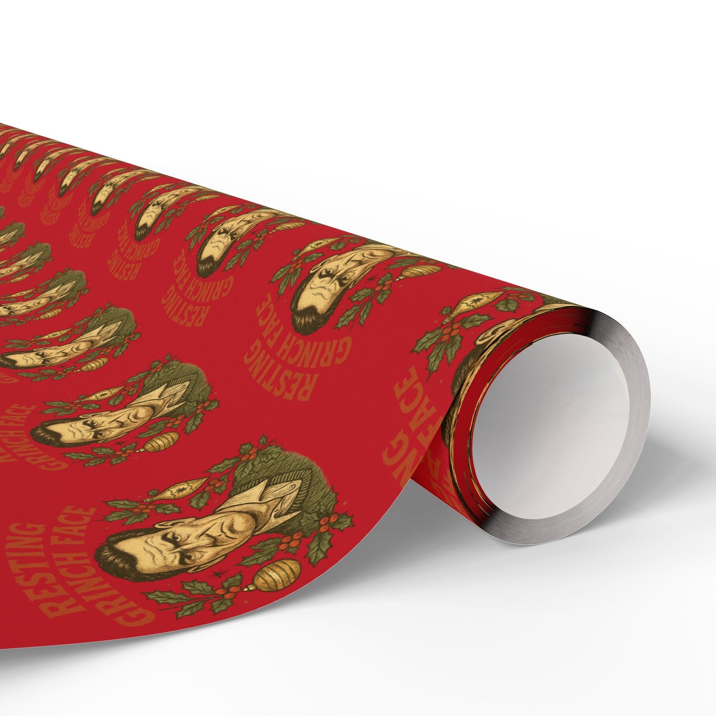 Christmas Wrapping Paper - Resting Grinch Face - Male Graphic with Red Background