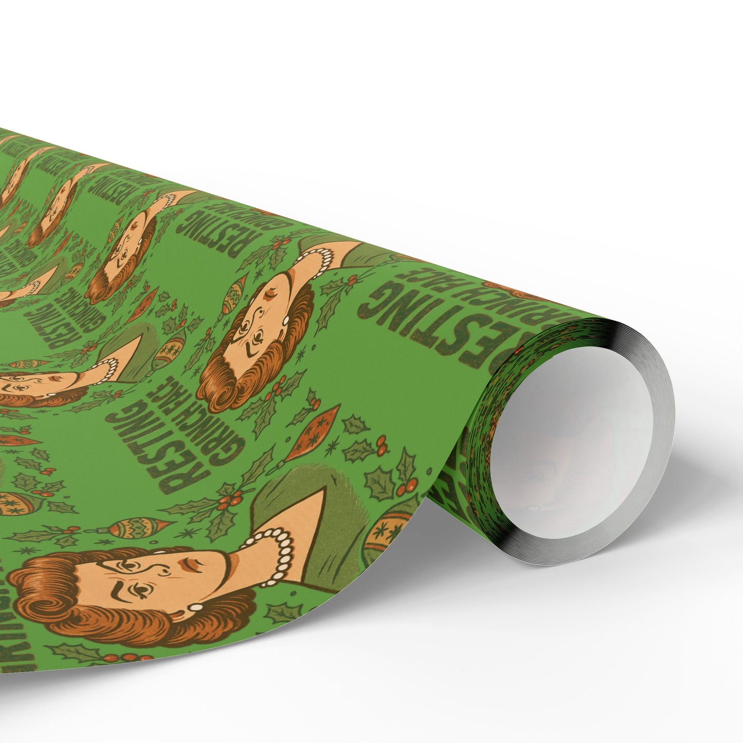 Holiday Wrapping Paper - Resting Grinch Face Lady Design - Green Background