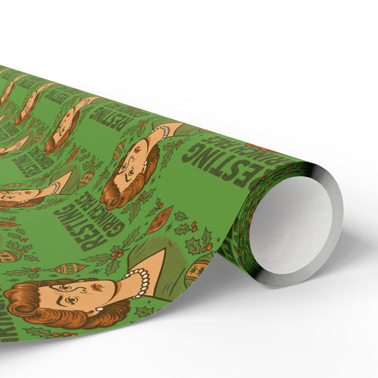 Holiday Wrapping Paper - Resting Grinch Face Lady Design - Green Background