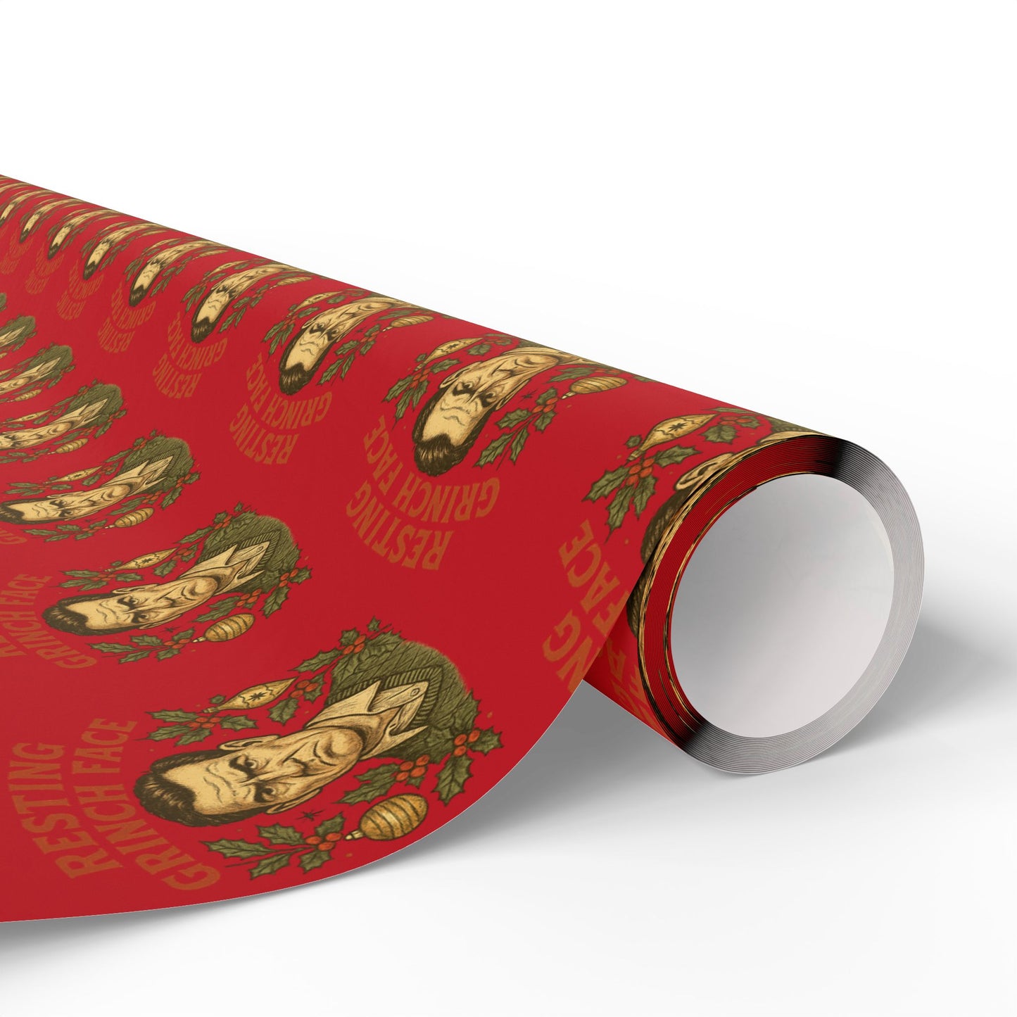 Christmas Wrapping Paper - Resting Grinch Face - Male Graphic with Red Background