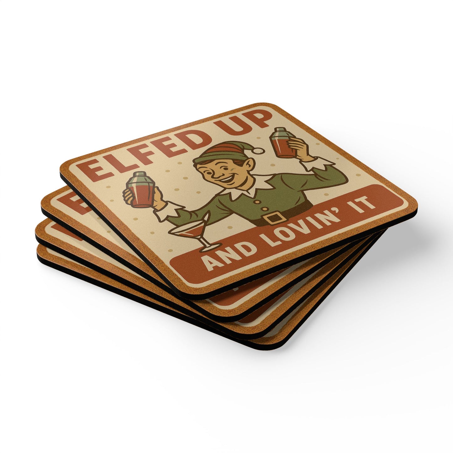 Festive Cork 4 Piece Coaster Set - 'Elfed Up & Lovin' It'
