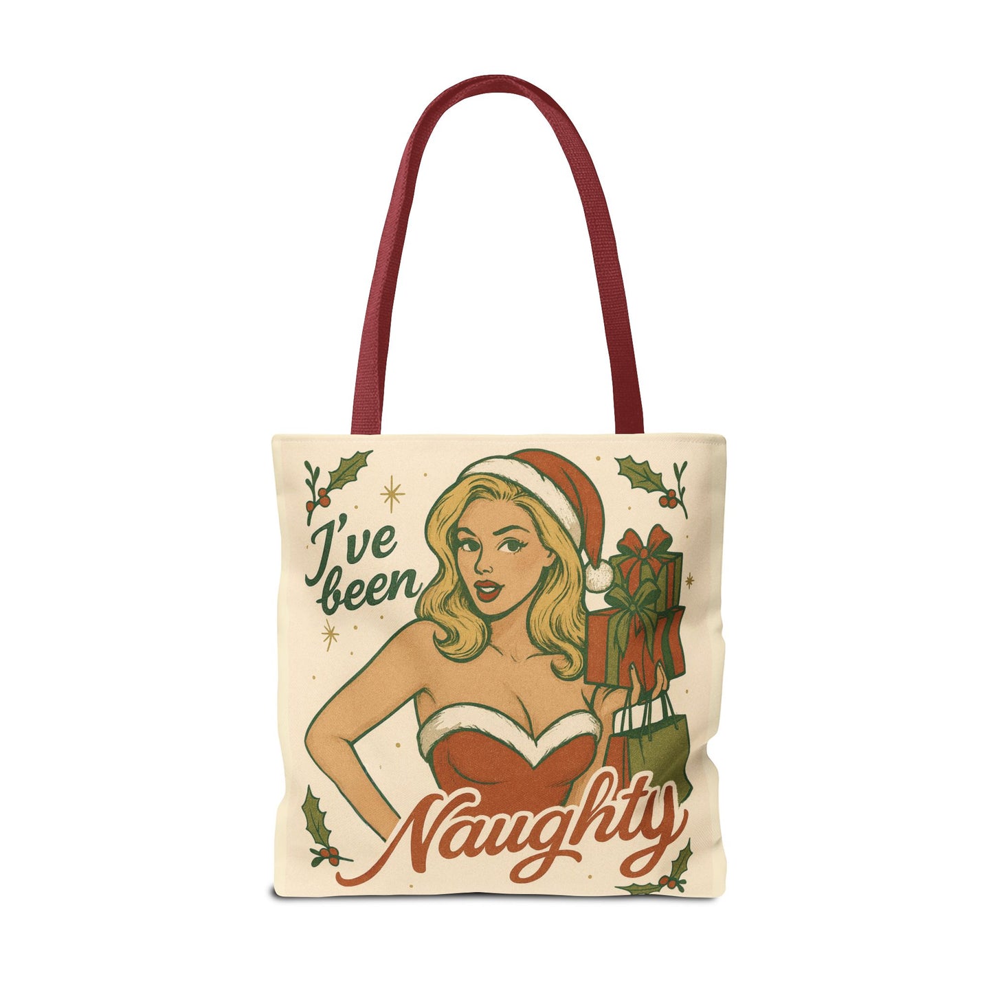 2 Sided Design Holiday Tote Bag - "I've Been Naughty" and "Unwrap Me Last - Happy Holidays"